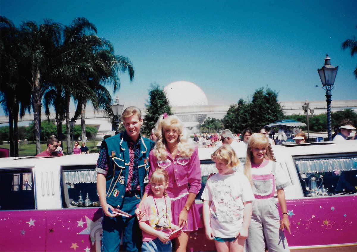 CrazyDisneyPark's tweet photo. Disney used to host a Barbie stage show at Epcot from 1993-1995 called The Magical World of Barbie. The show had Barbie and friends exploring the world. Guests could also meet Barbie and Ken outside of a pink limo. https://t.co/Rd5c7GLzU0