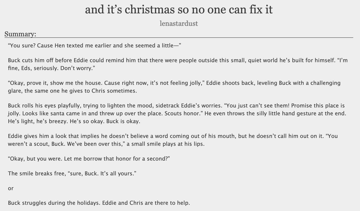 buckears's tweet photo. and it’s christmas so no one can fix it 
❄︎ depressed buck 
❄︎ christmas
❄︎ eddie’s in texas 
❄︎ 3.9k words 
#buddie 

link: https://t.co/oFbcw7LUzt https://t.co/OTlearpQge