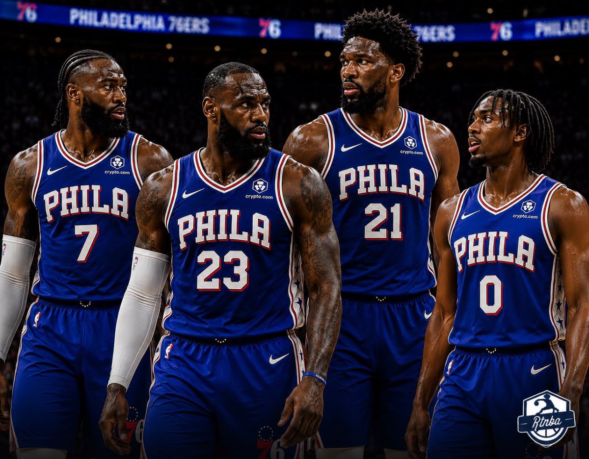 RTNBA's tweet photo. The 76ers potential roster next season:

PG: Tyrese Maxey
SG: VJ Edgecombe
SF: Jaylen Brown
PF: LeBron James
C: Joel Embiid

Bench:
• Labaron Philon Jr.
• Anfernee Simons
• Justin Edwards
• Dean Wade
• Adem Bona
• Caleb Love
• Rayan Rupert
• Jabari Walker
• Dominick Barlow
• Ariel Hukporti