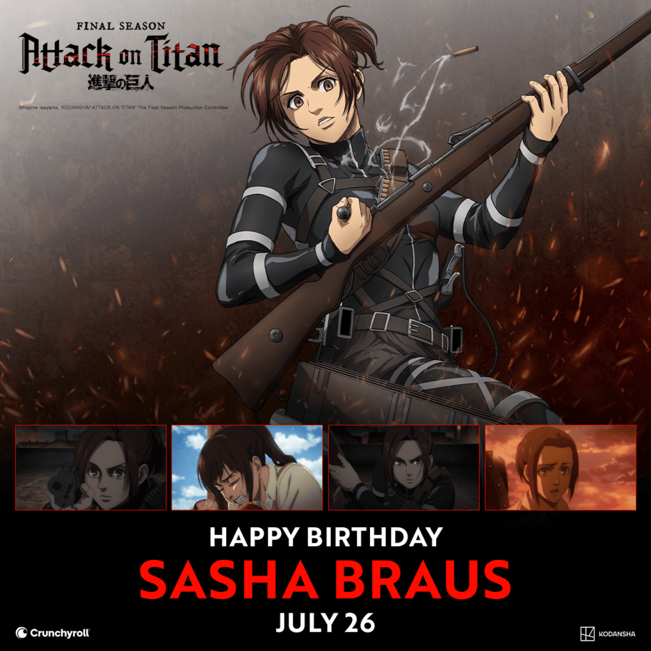 Crunchyroll's tweet photo. Happy birthday to the sweetest girl in the Survey Corps, Sasha Braus! 💕 https://t.co/h4V1w8aBLT