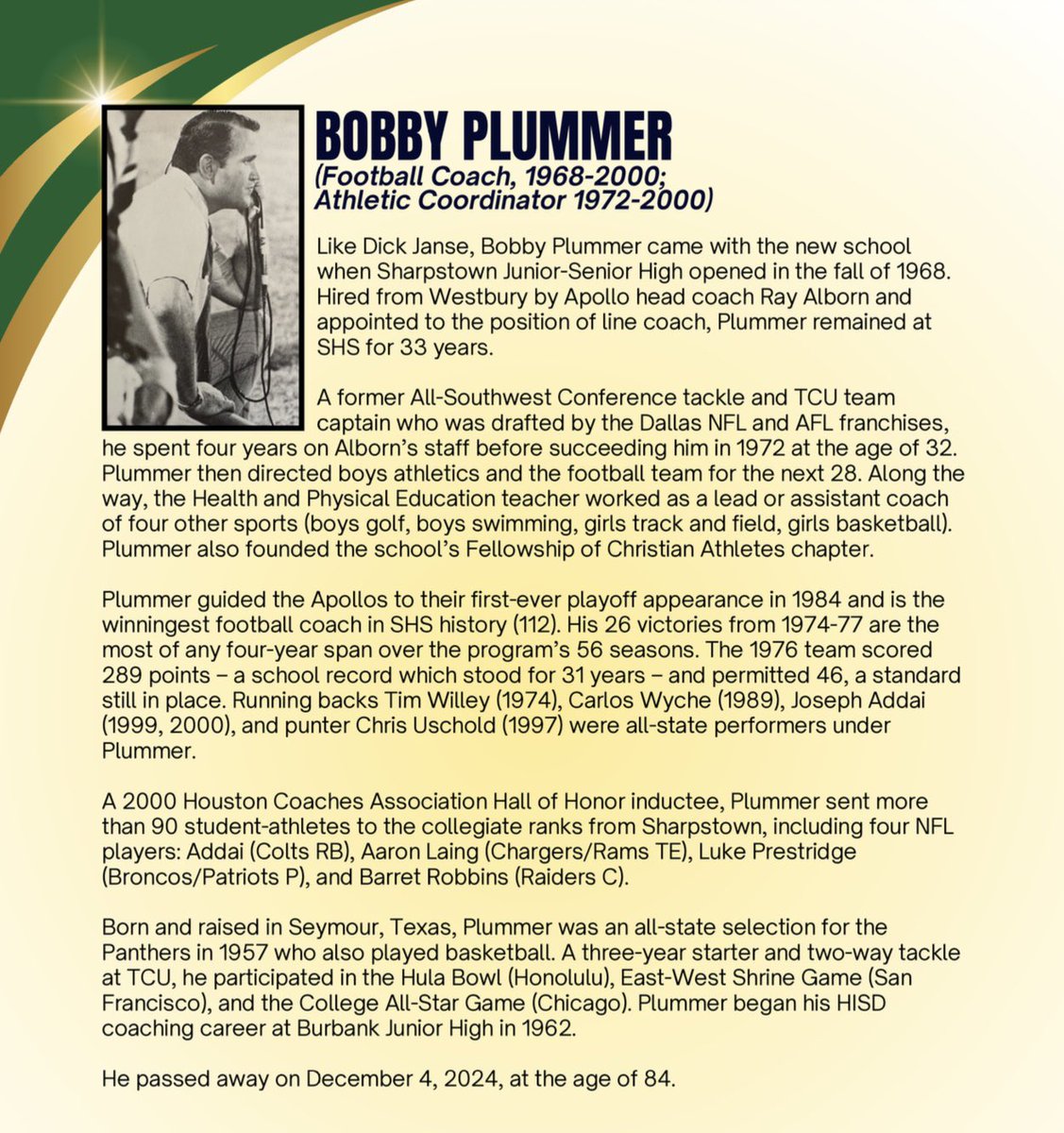 mattyboygoblue's tweet photo. Happy Heavenly Birthday to Coach Bobby Plummer (July 25, 1940 - December 4, 2024)

—> Head Football Coach and Boys Athletic Coordinator at Sharpstown High School
1972-99

—> Assistant Football Coach at SHS 1968-71; 2000

— > Inaugural Class, SHS Athletic Pantheon of Honor, 2025 https://t.co/Ko1sgtAekq