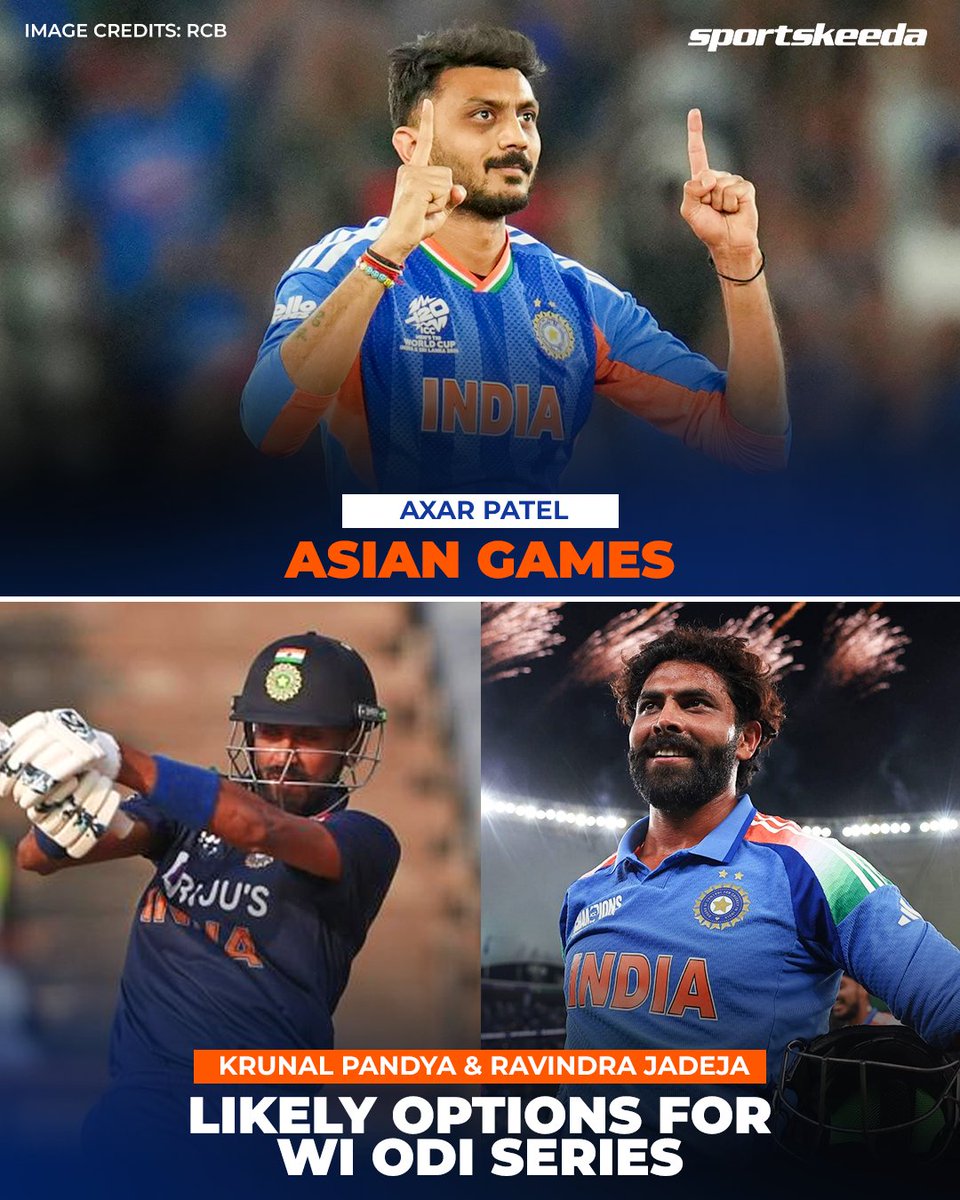 Sportskeeda's tweet photo. The Asian Games and the IndiaโWest Indies ODI series are set to clash! ๐ฎ๐ณ๐๏ธ๐
Some of India's key players are likely to miss the ODI series, and here are the backup options for each of them. ๐
Who would you pick as the replacement? ๐ค
#INDvWI #ODIs #AsianGames #Sportskeeda https://t.co/Vfb13U3lYU