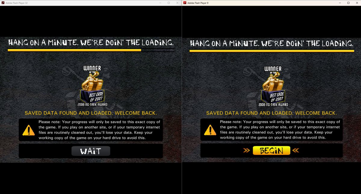 NgR_History's tweet photo. Still blows my mind how there was a executable version for Newgrounds Rumble latest version archived by Mindchamber in 2021 and I didn't noticed for over 5+ years (left is swf version and right is exe version).

I'll be leaving a dl so you can play the exe version anywhere 🧵👇 https://t.co/Q1T0WN0784