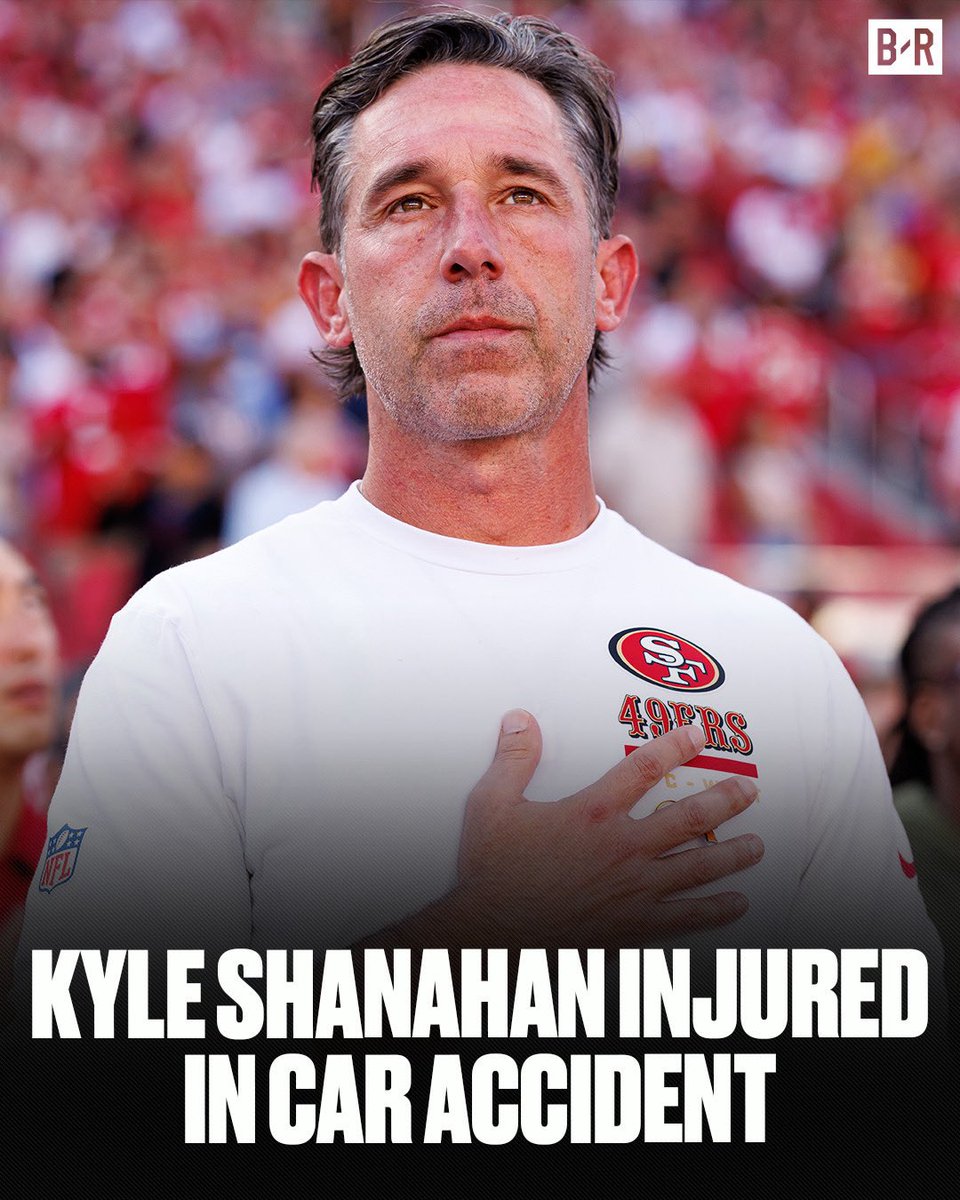 BleacherReport's tweet photo. 49ers HC Kyle Shanahan suffered “significant injuries” in a car accident on July 14th and will be ‘limited as team opens training camp”, per @adamschefter and @nwagoner 

Shanahan broke his nose, three ribs, hand, needed 40+ stitches in his face and suffered a severe concussion https://t.co/FD5LBm2VO3