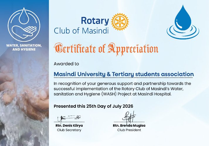 masindistudents's tweet photo. MUTSA has been recognized for its contribution to the WASH Project at Masindi General Hospital. This achievement is a result of the generosity and support of all our members. Thank you for making a lasting impact in our community.🎉👏
#MUTSA #WASHProject #BuildingMasindiTogether https://t.co/11R7AFbT3N
