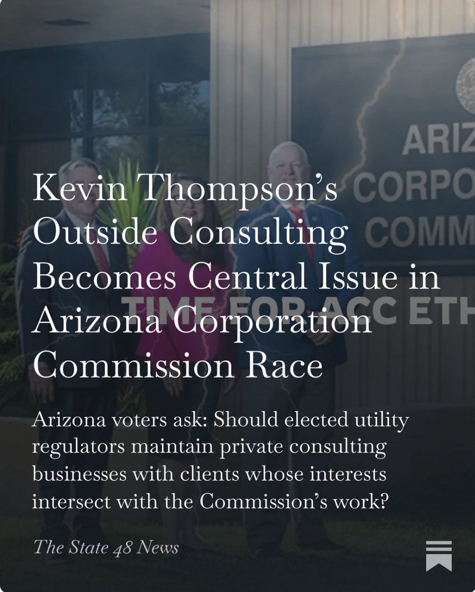 thestate48news's tweet photo. 🚨Who regulates the regulators?
The Arizona Corporation Commission has enormous power over utilities, yet the five commissioners largely police their own ethics.
As the November election approaches, expect one question to take center stage:
➡️Should commissioners be allowed to consult for companies tied to industries they oversee, including data centers?
We break it all down. 🔗 in comments (you want to read this one)