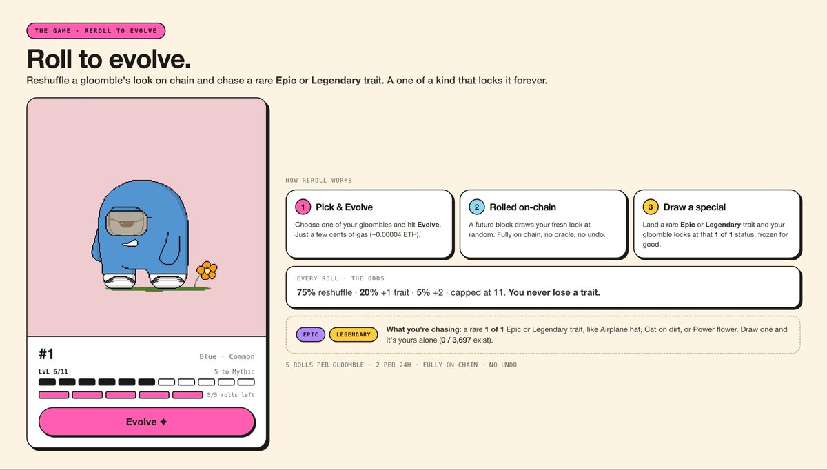 Gloombles's tweet photo. Roll + Merge Mechanic Live:

Please before you roll a token or merge a Gloomble read the FAQ’s. It provides all the necessary details to understand how this experience works and what to expect. https://t.co/uY1rR94xan