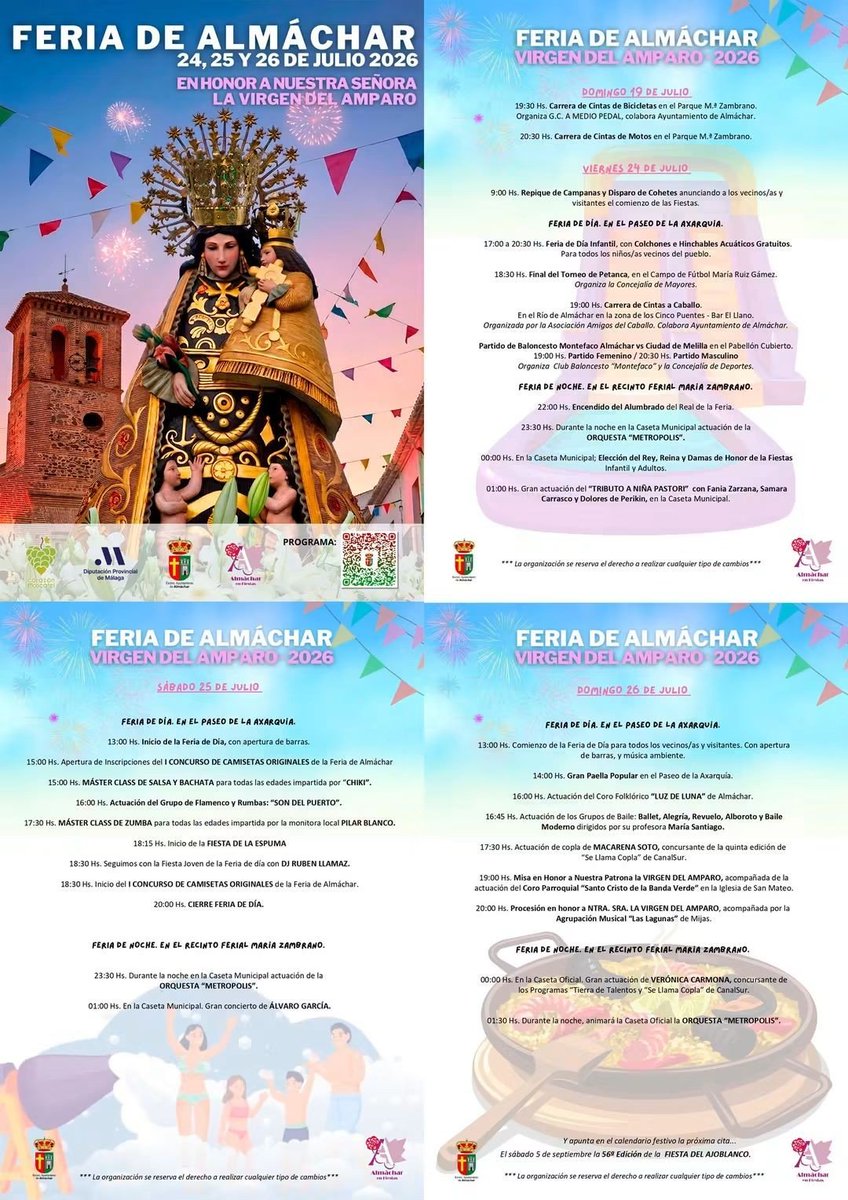 amlaslagunas's tweet photo. Así es el cartel y el programa de actos de la Feria de Almáchar ⛪️🔻, donde estaremos mañana, acompañando a la patrona del municipio en su recorrido procesional.

#Almáchar https://t.co/z2x46BxZed