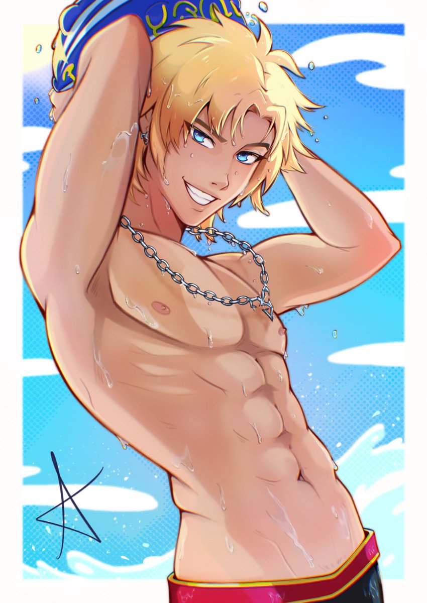 Red_draws_'s tweet photo. Tidus🏖️

Since it was 25th anniversary I couldn't just draw Yuna,I had to make a matching fanart of Tidus too!

I really wanted to draw both of them happy.

Would you like a doodle of swimsuit Lulu next? Let me know if you like the idea💕 https://t.co/0zT4sErPrd