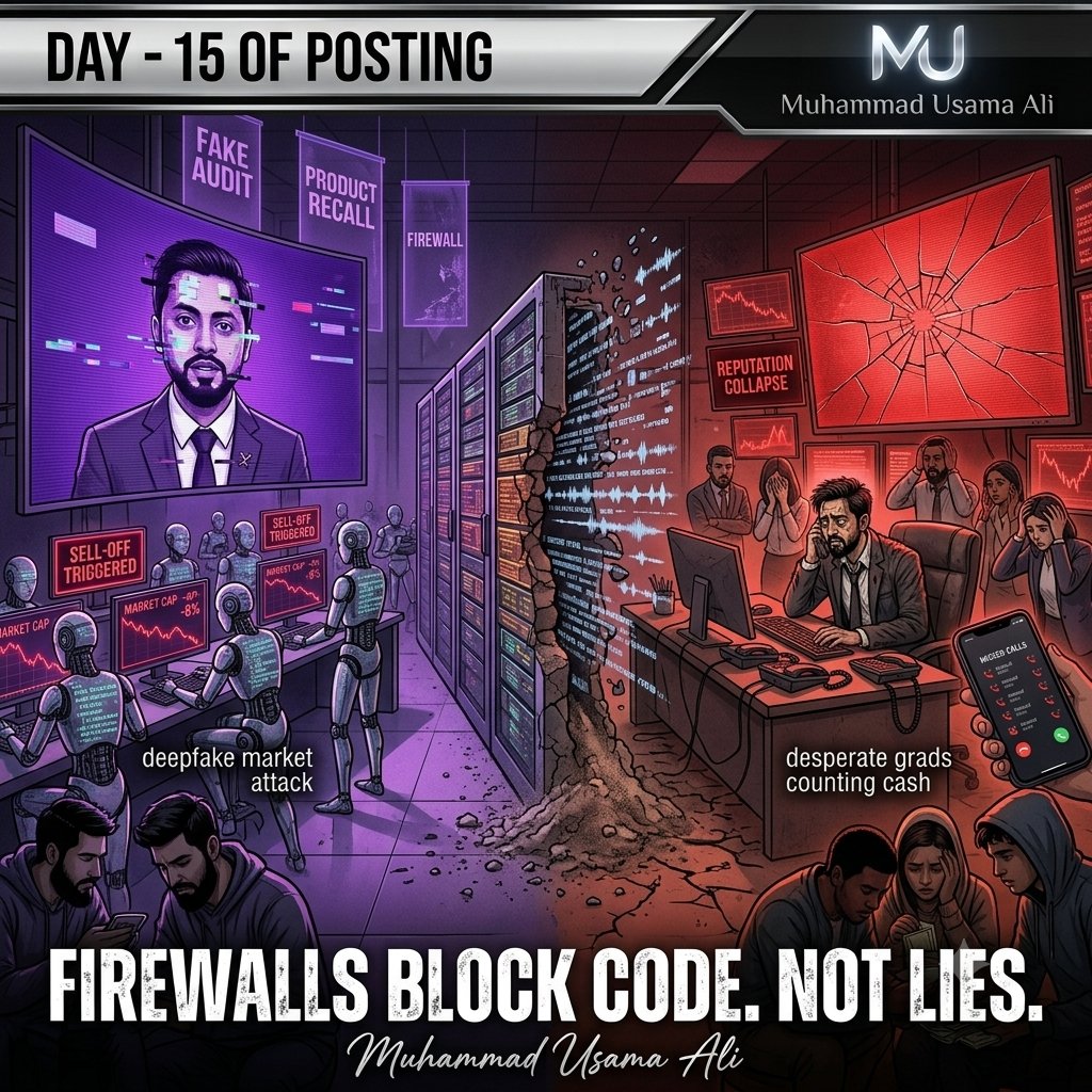 SheikhMaazi's tweet photo. Day-15
Scenario:
Spent millions on firewalls.
Deepfake took them down.
Underemployed grads built it. No jobs. No hope.
8% market cap gone in 90 minutes.
Your narrative isn't secure.
Test. Or lose.
#CorporateCrisis #DigitalRisk #RiskManagement
Link For FB: https://t.co/1jksvKl0hY https://t.co/1MqAY8Qt5Z