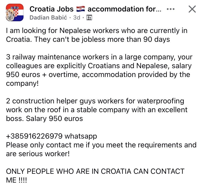 4Kunas's tweet photo. Dadian doesn’t want Croatian workers.  Only Nepalese.   If you match his requirements send him SMS. https://t.co/oU0CVkg9vX