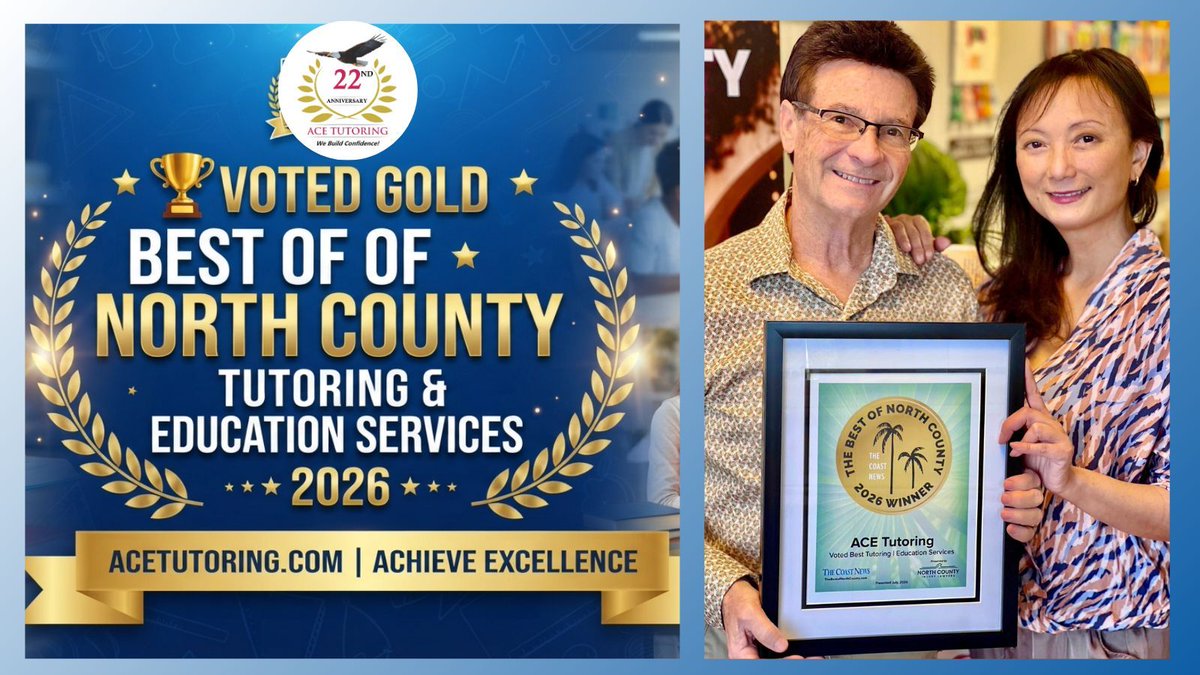 AceTutoringCA's tweet photo. 🏆 Holding this Best of North County GOLD Award from The Coast News is especially meaningful because this month we're also celebrating 22 years of ACE Tutoring! 🎉📸

#BestOfNorthCounty #StudentSuccess #NorthCountySanDiego https://t.co/Iy40eNr4zW