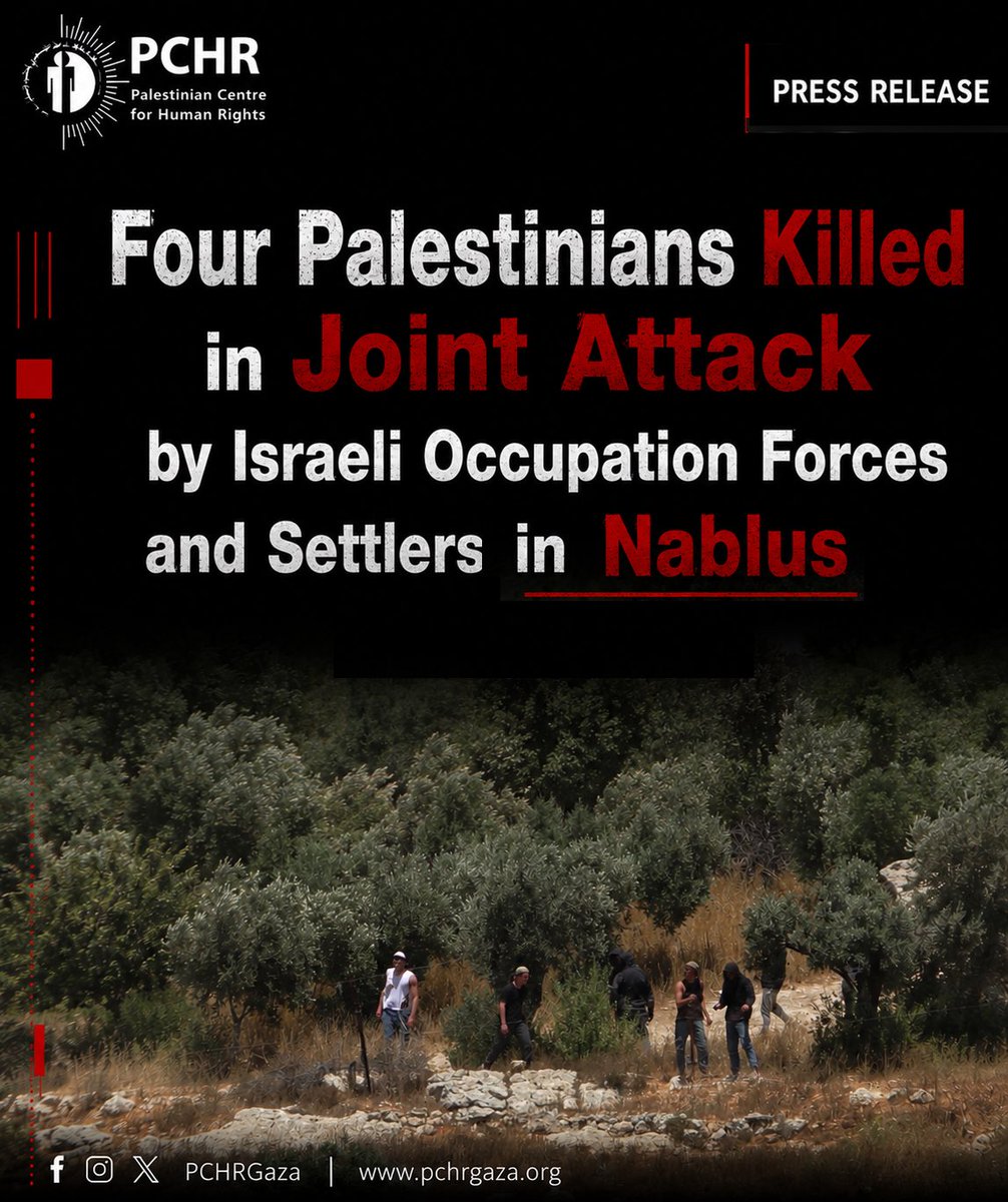pchrgaza's tweet photo. 🚨The Israeli Occupation Forces (IOF) killed four Palestinians, including two brothers, and wounded four others while providing protection to a group of Israeli settler militias during an attack on the village of Tal, south of #Nablus in the northern West Bank. The incident escalated into acts of retaliation and collective punishment after #Palestinian residents attempted to defend themselves in an incident that resulted in the killing of two settlers.

▪️This incident exemplifies a pattern of joint crimes against Palestinian civilians and their property, in which IOF provide military protection to Israeli settlers as they carry out assaults and use lethal force against Palestinians attempting to defend themselves or their property. This pattern reflects the de facto integration of the IOF and settlers in carrying out systematic attacks aimed at imposing new settlement realities on the ground and forcibly displacing Palestinians from their land.

📌 Since the beginning of the year, IOF and settlers killed 79 Palestinians in the West Bank, including 19 children and 2 women, noting that 16 of those victims were killed by settlers’ fire.

🔗 To read the full text of the statement, https://t.co/CUyCmUuDQm