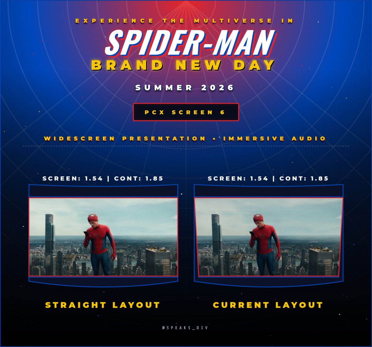 Speaks_Div's tweet photo. #AspectRatioGuide for #SpidermanBrandNewDay

This is how it'll look in Cinemas around you:

2 Aspect Ratios for every screen:

1. 1.90:1 in a 1.85:1 Container - Very Slim Black Bars on top & bottom.

2. 2.39:1 in a 2.39 Scope Container.

In Flat (1.85:1) cinemas irrespective of the format, expect some slim bars at the Top & Bottom, unless they zoom it in.

#Spiderman