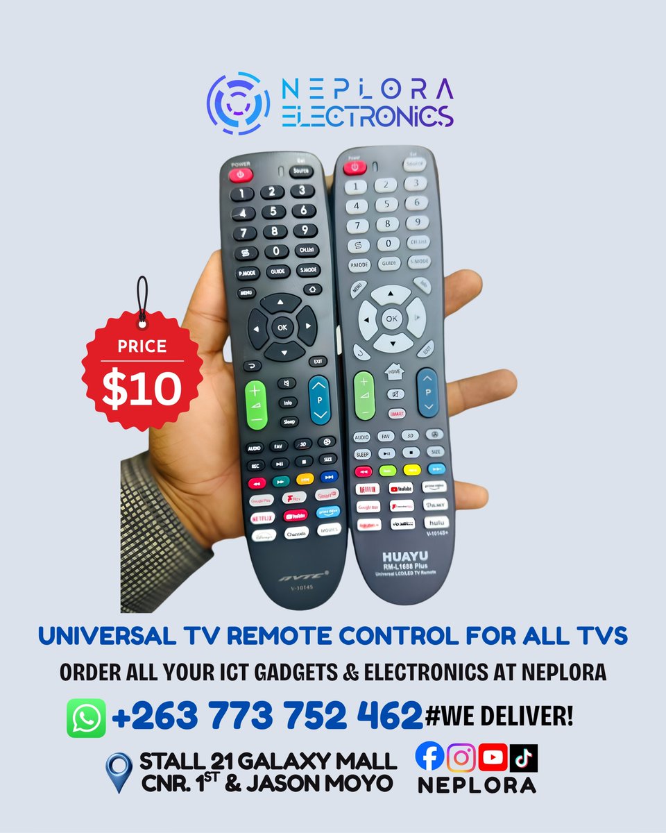 neplora's tweet photo. 📺🎮✨ Universal TV Remote Control for All TVs in Harare, Zimbabwe available at Neplora. Call/WhatsApp📲: +263 773 752 462 to order. #WeDeliver!
📍 We are located in Harare CBD
Visit Stall 21 Galaxy Mall Ground Floor
Corner First Street, and Jason Moyo Ave https://t.co/Ghh4cN0Sqa