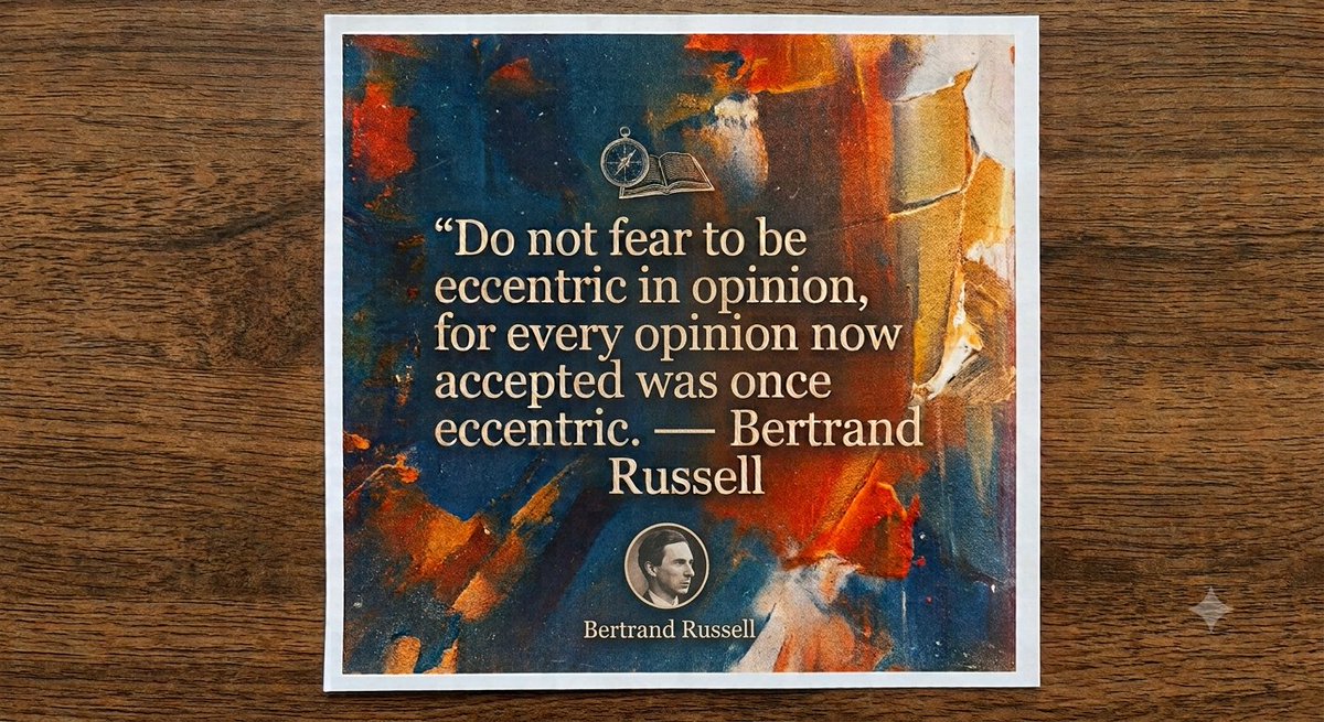 scofferrr01's tweet photo. "Do not fear to be eccentric in opinion..." 🕰️ A timeless reminder from Bertrand Russell that progress often begins at the edge. Every accepted truth was once a radical new idea. ✨

Embrace the unconventional. Think freely.
#BertrandRussell #Philosophy #FreeSpeech #Intellectual https://t.co/lIFCLTpE2Q