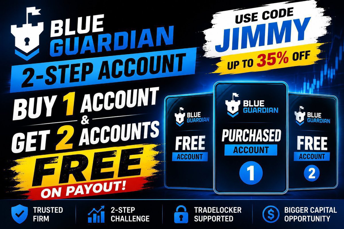 propfirmarena's tweet photo. 🎁BLUE GUARDIAN 2-STEP OFFER 🚨

Buy 1 Account &amp; Get 2 Accounts FREE on payout 🔥💸

Use code " JIMMY " for extra discount 👀🎁

✅ Up to 40% OFF
✅ 2-Step Challenge
✅ Easy rules 💪 
✅ Fast payout 🏆

Best time to grab your funded account⚡🌱 https://t.co/9GVb4Sq2pq
