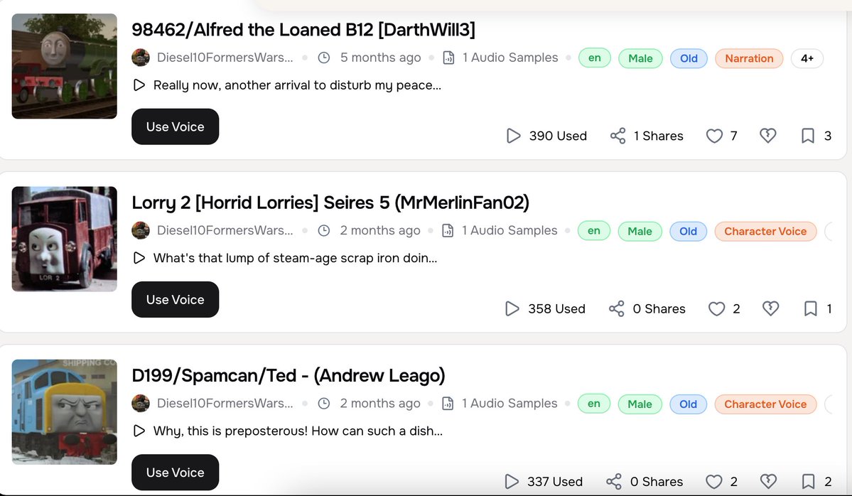 FantasticS8998's tweet photo. Here's a post I never thought I'd have to make. Someone named @Diesel10TFWR42 has been stealing voices from us and making AI models of them. None of us gave him permission to do so, and we want them removed immediately! https://t.co/ezRK006yB8