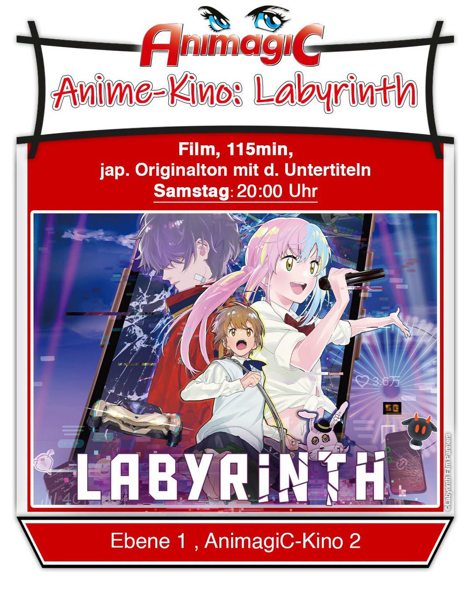 AnimeHouseDE's tweet photo. 🎬 EU-Con-Premiere von #Labyrinth auf der #AnimagiC!✨

Erlebt das neueste Werk von #Shoji #Kawamori auf der großen Leinwand!🌟

📍 AnimagiC, Kino 2 (Rosengarten Mannheim)
🗓️ Samstag | 20:00 Uhr
🎞️ 115 Min. | OmU

Sci-Fi, Geheimnisse &amp; spektakuläre Bilder erwarten euch!🚀

#anime https://t.co/slogqmlHSq