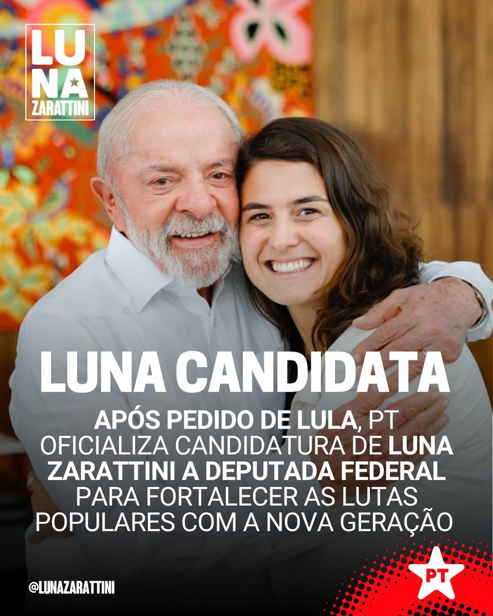 lunazarattini's tweet photo. É OFICIAL! 🎉🚩

​A convenção do PT confirmou meu nome para disputar uma vaga na Câmara dos Deputados!

​Essa missão começou com uma ligação do próprio presidente Lula, chamando nossa juventude para ajudar a renovar a política e defender o povo trabalhador. Aceitei o desafio de peito aberto porque sei que a nossa luta não pode parar!

​Seguiremos com o pé no acelerador, lado a lado em São Paulo e no Brasil inteiro com Lula Presidente, Haddad Governador, Marina Silva e Simone Tebet Senadoras!

​Vamos juntos renovar a política, derrotar o bolsonarismo e construir um Congresso verdadeiramente popular! ✊🇧🇷