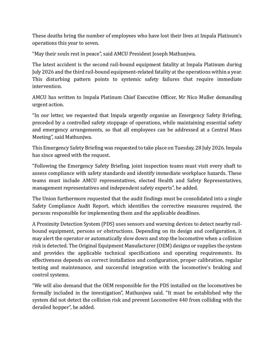 Amcumedia's tweet photo. MEDIA RELEASE

AMCU ANGERED BY RISING FATALITIES AT IMPALA

25 July 2026

SUMMARY: AMCU is angered by two deaths at Impala Platinum’s Rustenburg Operations within two days, bringing the number of fatalities at the operations this year... read more at https://t.co/uYfuTyUkfd https://t.co/GdHpKtQWy8