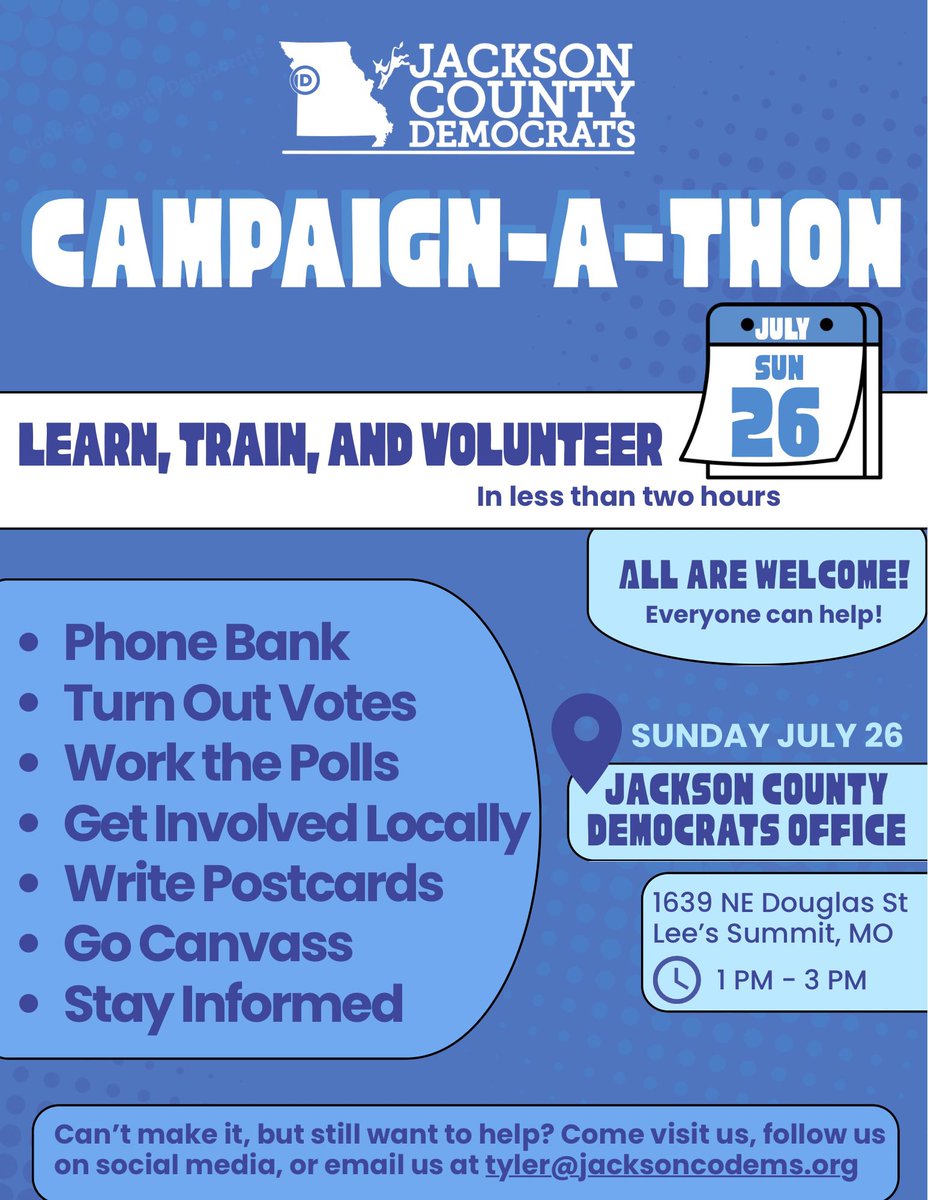 jaxcodemocrats's tweet photo. Need a way to get started volunteering? Join us for a Campaign-A-Thon training tomorrow afternoon from 1–3pm at our office at 1639 ne Douglas, Lee’s Summit! https://t.co/DMzkf03JC8