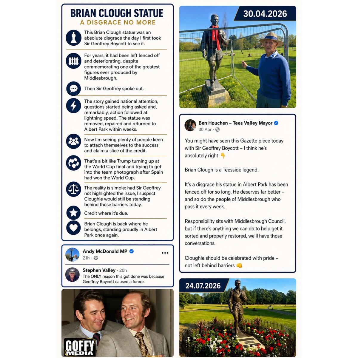 GoffyMedia's tweet photo. Great to see @Boro Legend Cloughie is back in lightning quick time at  Albert Park. It seems plenty of people are wanting to take the praise for this episode. There was only one reason it happened @GeoffreyBoycott #Boro 
Take a look at the timeline as it unfolded > https://t.co/u1EGKawqd7