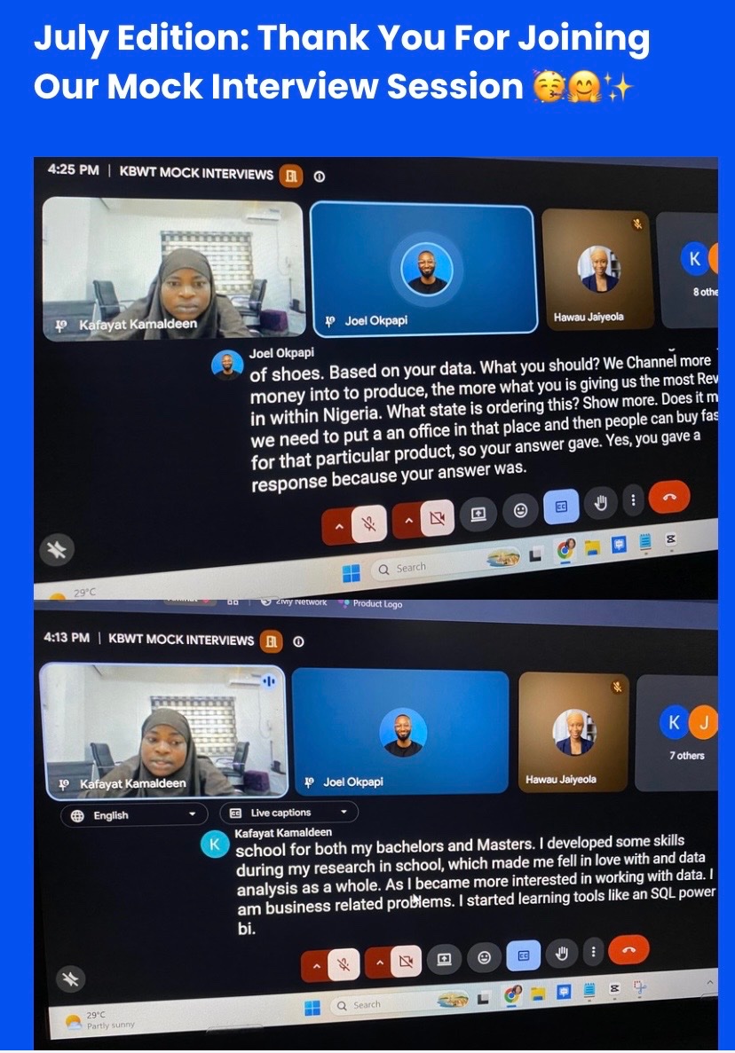 KB_WomenInTech's tweet photo. A few moments from our July Mock Interview Session🤗🫶

The goal is simple: help community members prepare for real interviews through practice, feedback, and learning from one another.
#kbwit #kwarabuildwomenintech https://t.co/QAsDK8zsT1