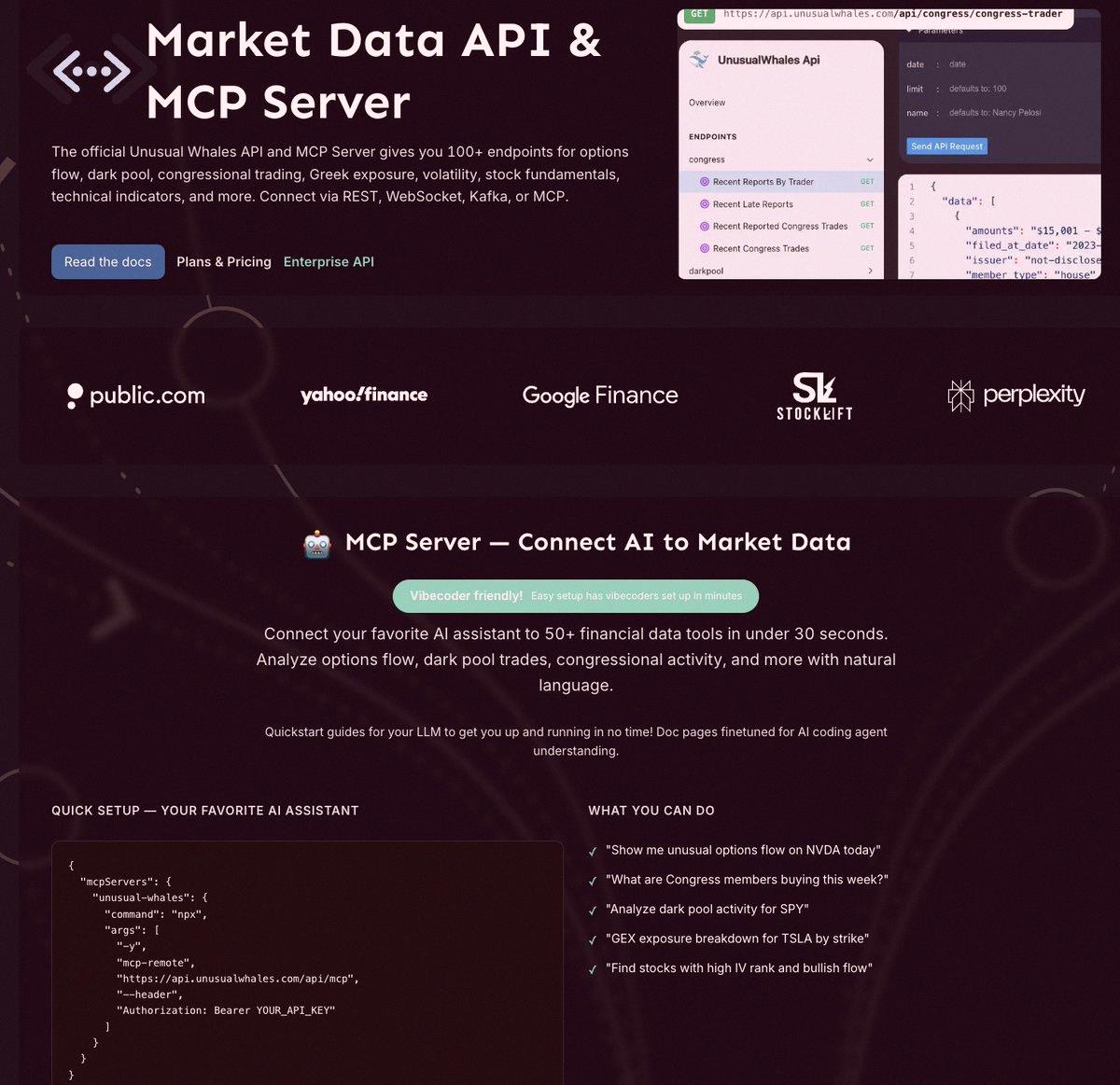 MathWithEden's tweet photo. We have launched the free trial of the Unusual Whales API.  

The Unusual Whales API gives full access to live options, equities, prediction market data, congress trades and much more.    

It is a must have for traders.

Check it out here: https://t.co/eJNVI5YhPM https://t.co/qYgrU47RSu