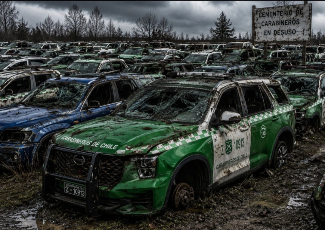 Nachoetherno's tweet photo. Así están los patrulleros de Carabineros,adquiridos en el gobierno de Boric, un verdadero cementerio de autos Chinos, madie dice nada, nadie investiga nada,solo decirle a las autoridades del gobierno de JAK,que no dejen pasar esto y que hagan una investigación de esto. https://t.co/vJW5dvoTVk