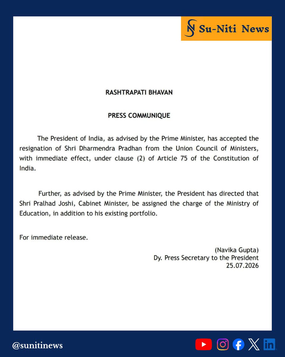 sunitinews's tweet photo. Cabinet Minister Pralhad Joshi has been given additional charge of the Ministry of Education, as directed by President Droupadi Murmu on the advice of PM Narendra Modi. The appointment comes right after Dharmendra Pradhan's resignation.

#PralhadJoshi #DharmendraPradhan #neet https://t.co/qPES7tRedw