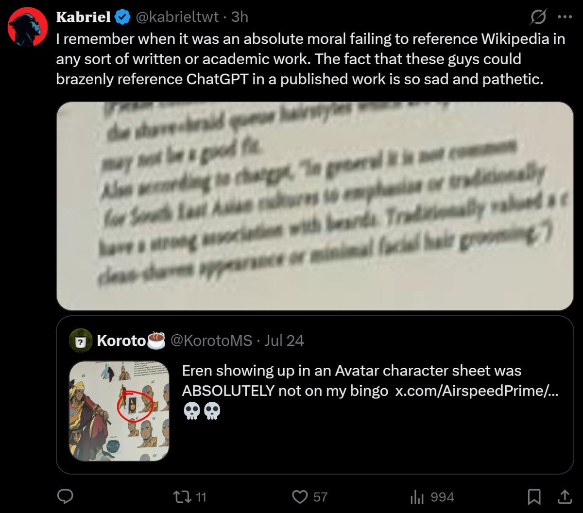 JjjMadness's tweet photo. @Fenrirtheicewo1 Given that most of the people who now work on this show used ChatGPT to get their info on Asian culture, it's not surprising they know so little about it. https://t.co/jAZB6HV9L6