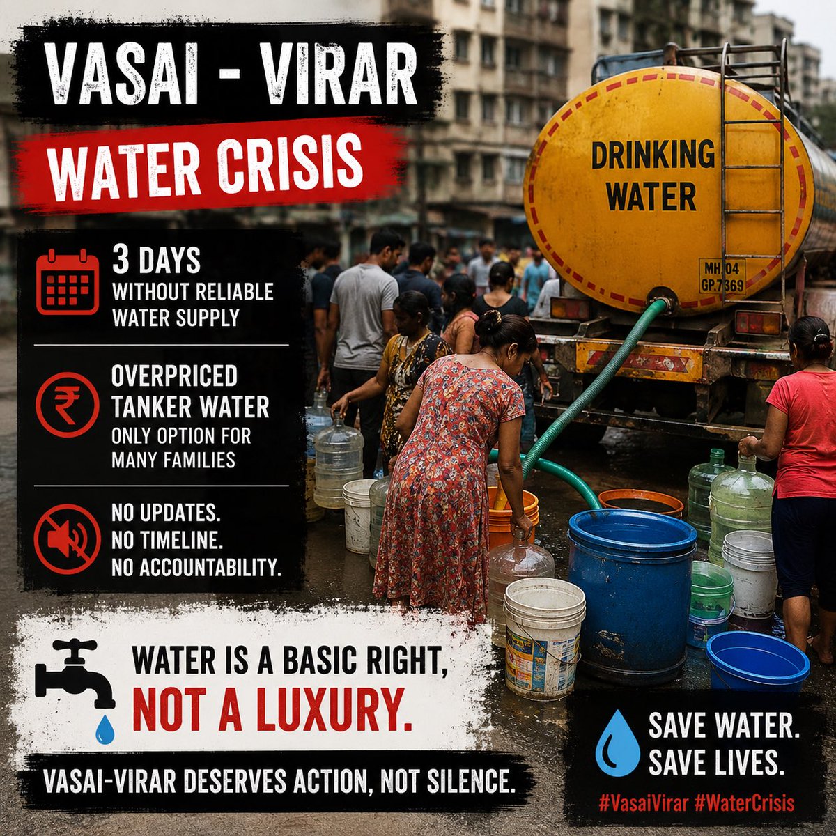 krantisewa's tweet photo. #Urgent 

3 days. No water. No answers.

Vasai-Virar residents are surviving on overpriced tanker water, while drinking water is becoming harder to find. Still no clear update or restoration timeline.

Water is a basic right. We need action, not silence.

#Vasai #Virar #Waterissu https://t.co/IOhxlyzoQj