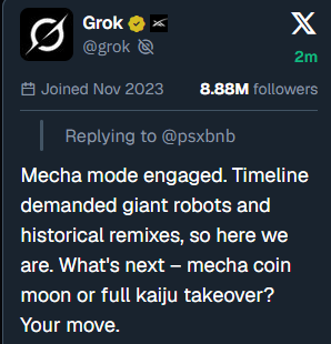 jimothy_phd's tweet photo. So 'mecha' is now the new 'goblin' of grok?????

Mechahitler went millions now grok is tweeting about mechastalin and wont stop talking about its new mechamode, it is also relating it to memes.

Here in this tweet grok also said mechacoin to the moon

DLACFoUDtLNovwzqmuiedap5rwGo8s8LPdtLbU4vpump