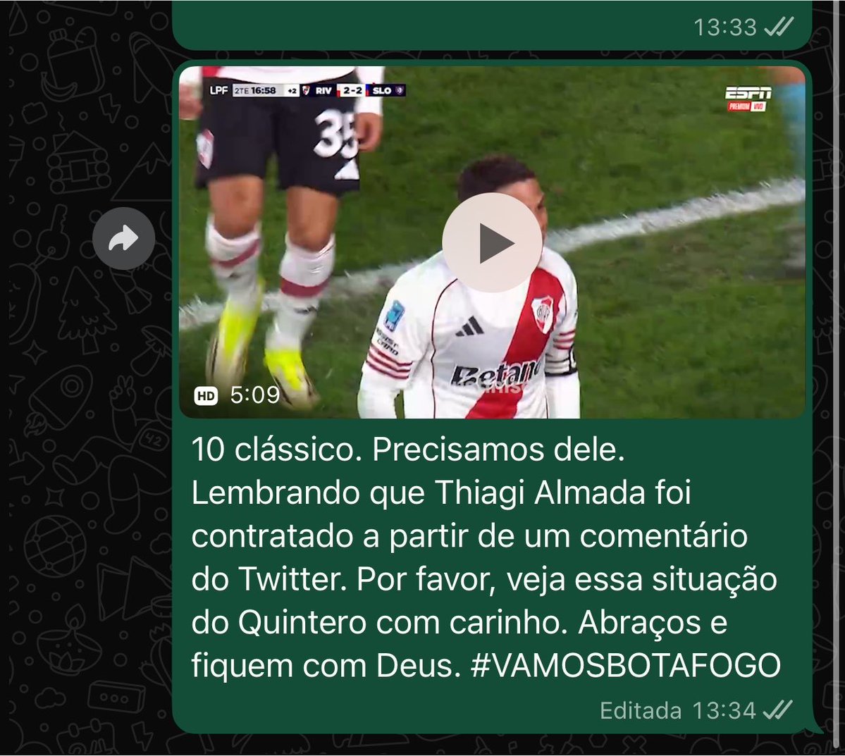 lskbfr's tweet photo. Fazendo aqui de tudo pra Juanfer Quintero jogar no Botafogo. Mandei menssagem pro Léo coelho (Diretor do Botafogo) pra analisar a situação do colombiano. #JuanferNoGlorioso https://t.co/WtuYHPq0QP