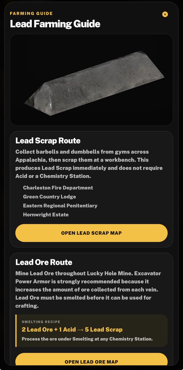 dwalton_29's tweet photo. Need to farm more resources in #Fallout76? Trader29 now has dedicated guides with interactive maps, and the collection will continue to grow over time.

We also have player submitted build guides and guides for events/missions. 

https://t.co/iKqXAjyAh3 https://t.co/3Y6Xg6hqfZ