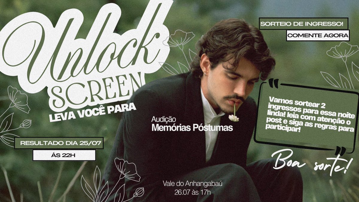unlockscreen's tweet photo. 🚨 SORTEIO de 2 ingressos para a audição do novo álbum “MEMÓRIAS PÓSTUMAS” do JÃO AMANHÃ (26/07) EM SP!

• Seguir o nosso perfil aqui  

• Dar RT e FAV nesse tweet 

• Marcar 2 amigos e comentar por que devemos te escolher! 🍃🤍

PRINTS NOS COMENTÁRIOS! https://t.co/2rFdQnLrSF