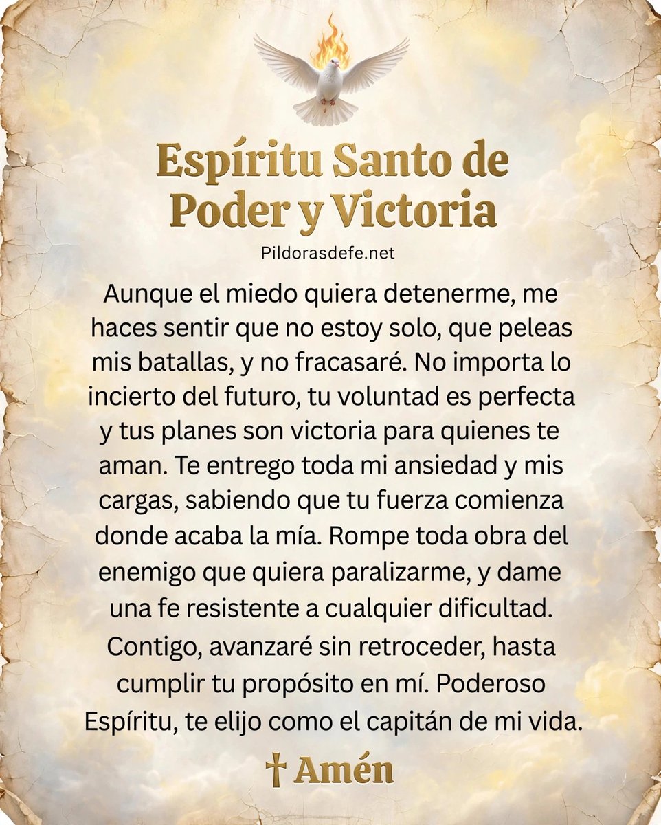 Pildorasdefe's tweet photo. Oración al Espíritu Santo 🙏
Ven, Espíritu Santo de poder y de victoria, pelea mis batallas; a tu lado no fracasaré

🙌🙌🙌