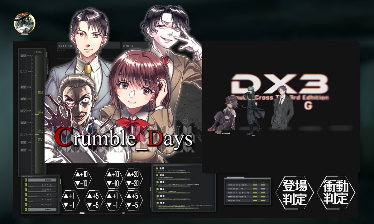Dhijath_II's tweet photo. DX3rd
【Crumble Days】
  GM： 
  ディジャス
  PC/PL：
  PC1　犬神 雷牙/コウ様　
  PC2　夜凪 朧/とり 
  PC3　霧島 東呉/ディジャス https://t.co/uxZHJRZbf1