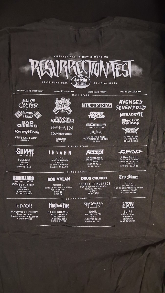 DavidGTato's tweet photo. #Metalshirt #ResurrectionFest #RFEG2024 #ResurrectionFestEG
#ChapterXIX #ANEWDIMENSION
#BruceDickinson #Accept #Megadeth #AliceCooper #TheOffspring #CoreyTaylor #MachineHead #Crypta #KerryKing #Lovebites #BabyMetal #AvengedSevenfold #Ihsahn #NashvillePussy #ElRenoRenardo #Sôber https://t.co/7iD4KlEKzG