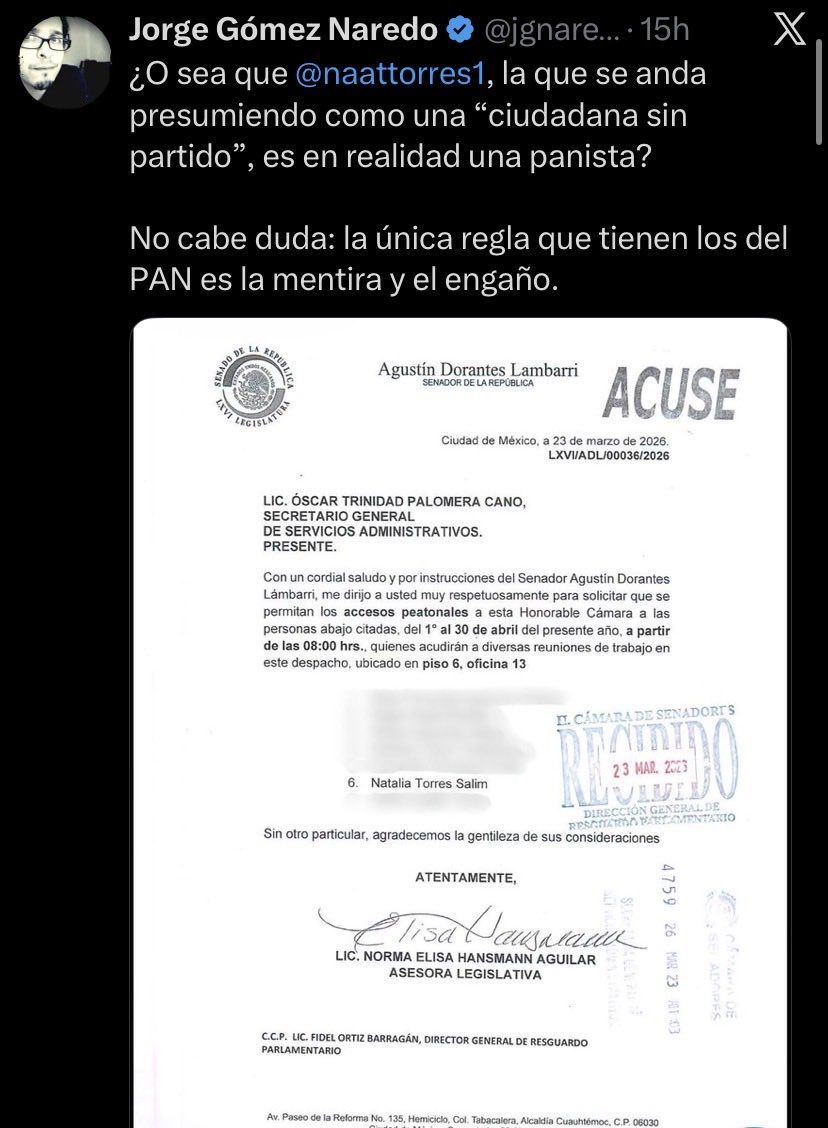 aLoQueSigue's tweet photo. @jgnaredo @naattorres1 ¿Con documento en mano?
Etiquetar de "panista" ya no es insulto, sino el acuse de recibo de su propio fracaso y el tierno refugio de un oficialismo moralmente desahuciado que usa fantasmas para tapar su opacidad, censura y contradicciones. https://t.co/TQuyji0VIx