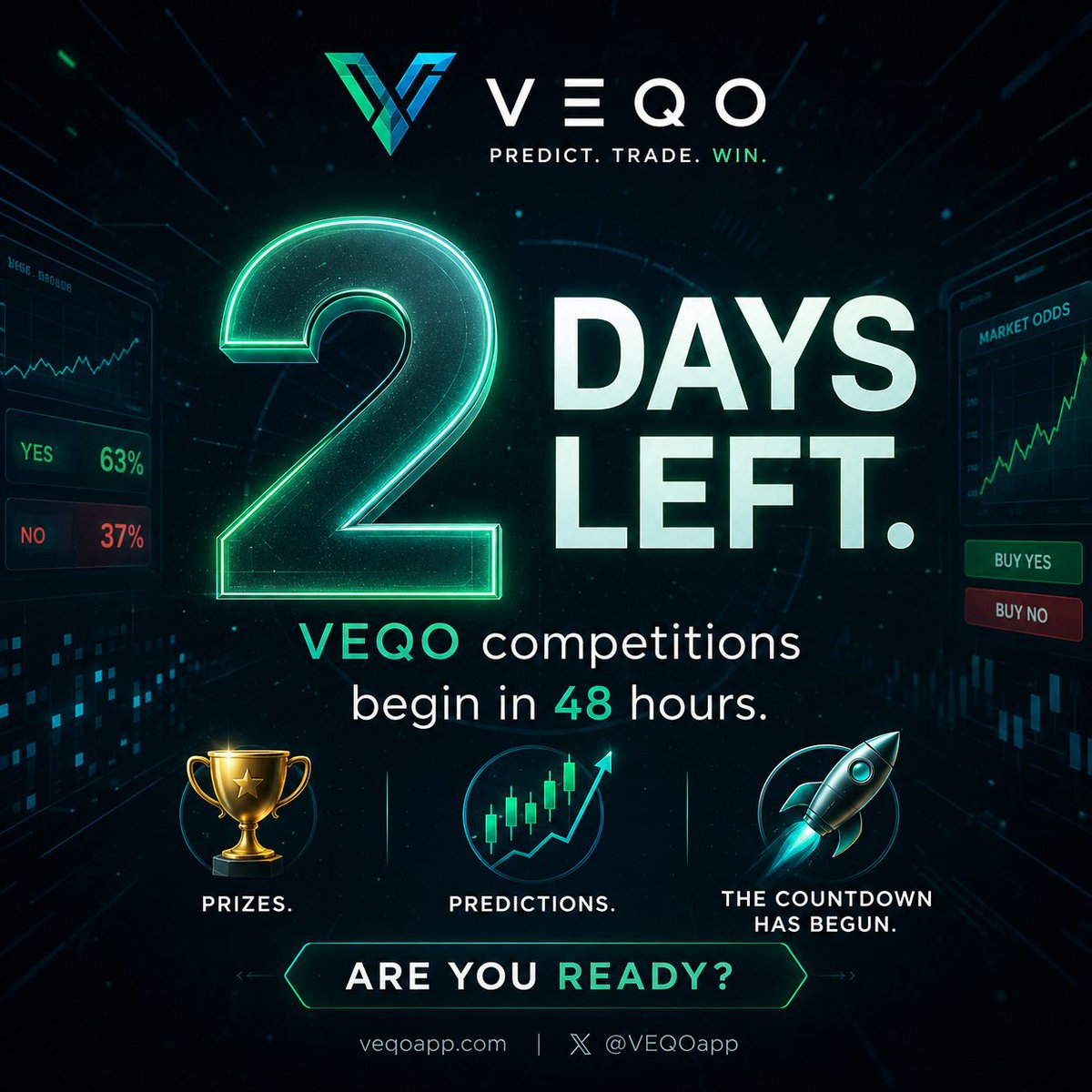 VEQOapp's tweet photo. 2 DAYS LEFT.
VEQO competitions begin in 48 hours.
Prizes. Predictions. The countdown has begun.
We'll also be selecting random followers to receive exclusive rewards during the launch.
Follow @VEQOapp now and don't miss your chance.
Are you ready? https://t.co/AjYESkq57j