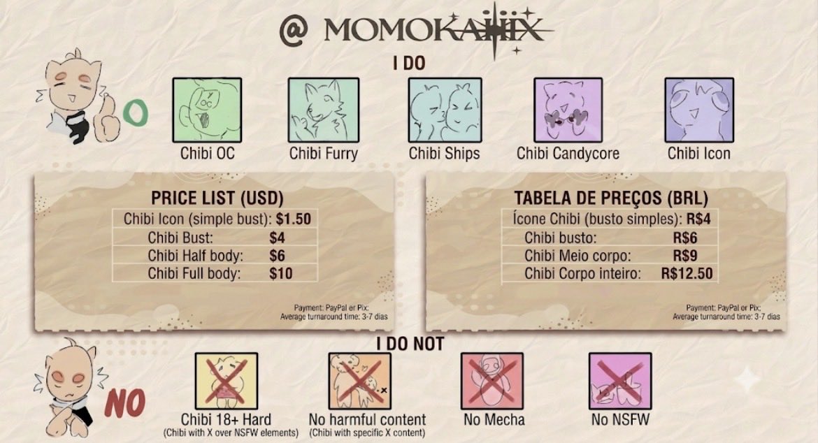 momokaiix's tweet photo. COMMISSIONS OPEN! / COMISSÕES ABERTAS!
🎨 Chibi OCs, Furry, Ships, Icons
💰 1.50 - $10 USD | R$ 4 - R 12,50
🚫 No NSFW / No Mecha
💳 PayPal / pix
📩 DM to order! / Direct para pedir!
#commissionㅤ #chib https://t.co/ZanRzqN94D