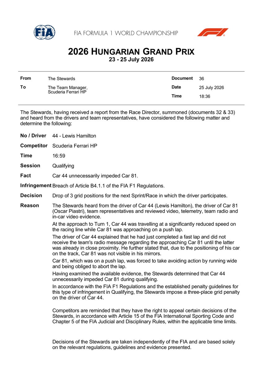 fiadocsbot's tweet photo. New document: Doc 36 - Infringement - Car 44 - Unnecessarily impeding of Car 81
Published on 25.07.26 18:40 CET

#F1 #Formula1 #FIA #HungarianGP 🇭🇺 https://t.co/5XwUWDUlMi