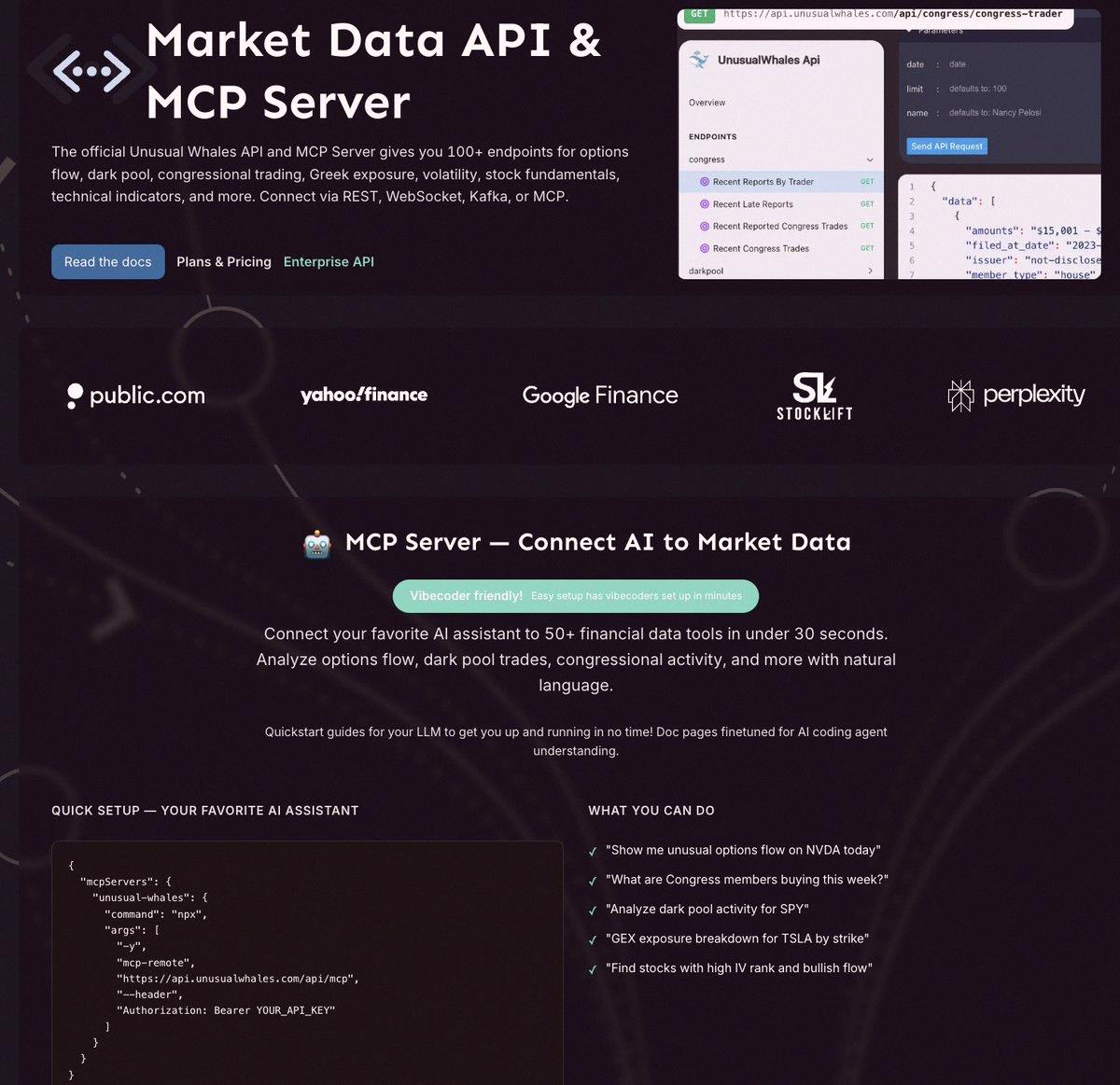 skmalhot's tweet photo. We have launched the free trial of the Unusual Whales API.  

The Unusual Whales API gives full access to live options, equities, prediction market data, congress trades and much more.    

It is a must have for traders.

Check it out here: https://t.co/YofD1IWMKk https://t.co/miad81b1XZ