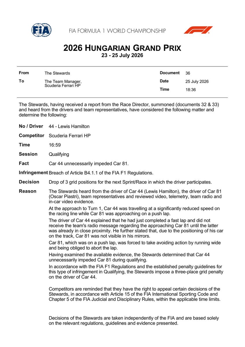 thrtysvnth's tweet photo. 🚨| GRID DROP CONFIRMED. LEWIS HAMILTON WILL START P5 TOMORROW. https://t.co/jFh0I6EpmO