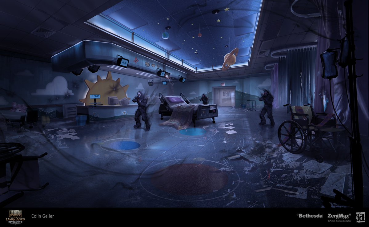 MistaksWerMade's tweet photo. DOOM: The Dark Ages | Revelations - 

Hospital Interior

While working on the ideas for the exterior and street views, I had the opportunity to come up with an idea of what the gameplay and interior space within the Hospital during the flashback sequence could be. 

This was done prior to a narrative or level design pass so I was the first out of the gate to tackle some ideas here. My favorite kind of levels in games are ones where you understand the full context of the space and if possible it loops back in on itself making a complete story almost. The core idea presented to me to solve from creative was : The Slayer enters the hospital which was under a terrorist attack, making your way through what was a children's ward (to foreshadow the girl at the end) and then down to an established armory. Essentially the only direction was the the Slayer was sent to this hospital to find and destroy the terrorist armaments. Unfortunately there would be some collateral damage… 

Modeling my own take on the hospital layout combined with some assets provided from the art team , some of which were actually from the Arc Facility and other levels in DOOM Eternal (essentially earth stuff). One direction note that didn’t make it to the final, the UAC logo you see around the level is also from the original DOOM. At the time I was working on this, which has since changed, the intent was this took place in 93 (which is why the computers are big and the monitors are CRT)… which is also why you have the DOOM 93 shotgun which I also got to design… more details on that later. 

Another art direction note: The children's ward was designed to be a low light/night time and day time observation room for multiple patients. I based it on the idea of the solar system with some planets as large tiles on the floor and others as hanging planets in the indented ceiling. 

It was definitely a challenge given the subject matter but from an artistic perspective an interesting departure from the modern DOOM Games up to this point.

See it on Artstation: https://t.co/q6wDPzFKsT

Follow and share for more!