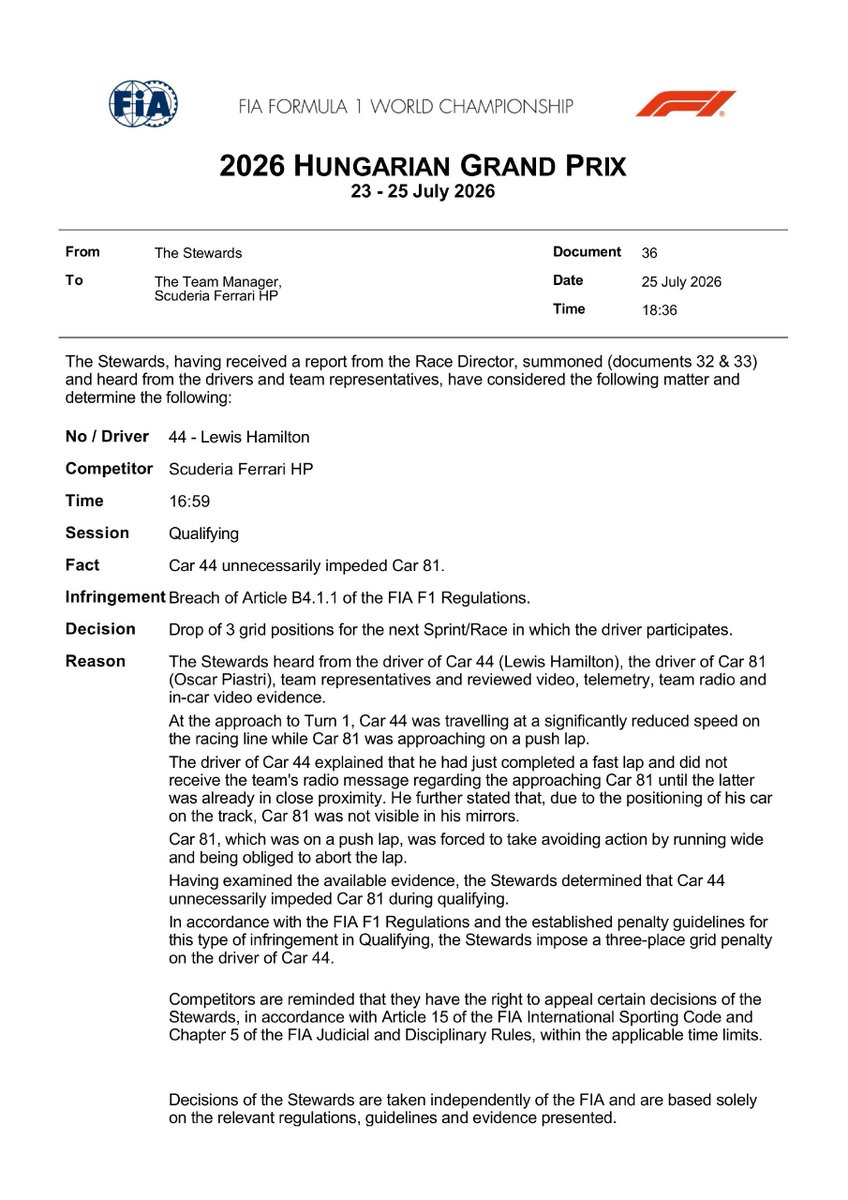 FormulaDirecta's tweet photo. 🚨 SANCIÓN de 3 posiciones para Hamilton por estorbar a Piastri en qualy

Saldrá 5°.

#F1 #HungarianGP 🇭🇺 https://t.co/M3hb5jJ7g7