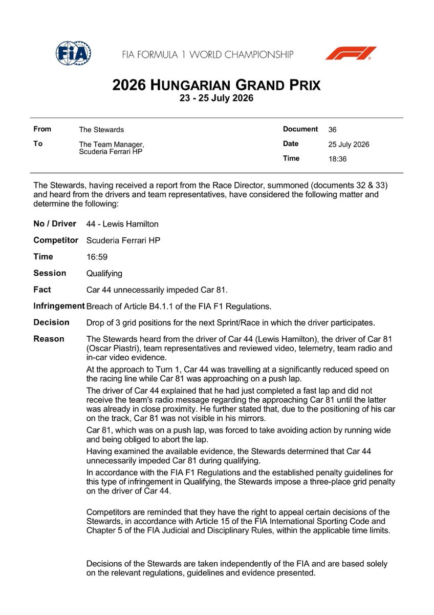 fiagirly's tweet photo. 🚨 | Lewis Hamilton receives a 3 place grid drop for impeding Oscar Piastri in Q3.

#HungarianGP 🇭🇺 https://t.co/ybzU39OaSA