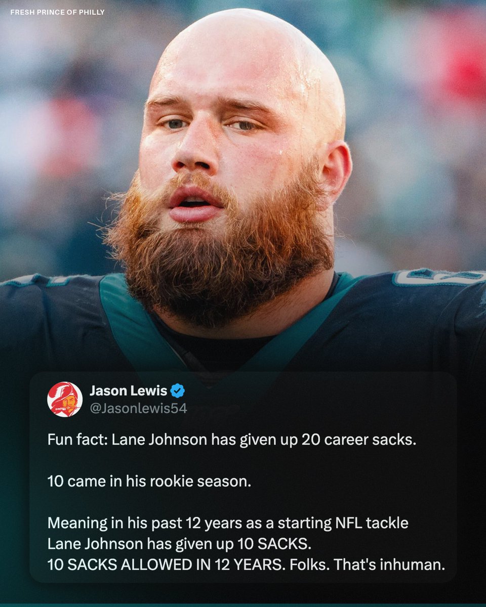 freshprincephi's tweet photo. Lane Johnson has been so dominant for so long that we almost overlook just how historic his career has been. 

10 sacks allowed in 12 years is absurd. https://t.co/Y5krH5Gy7F